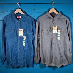 Wrangler 2 Men's XL NWT Blue & Gray 100% Cotton Relaxed Fit L/S Button Up Shirts